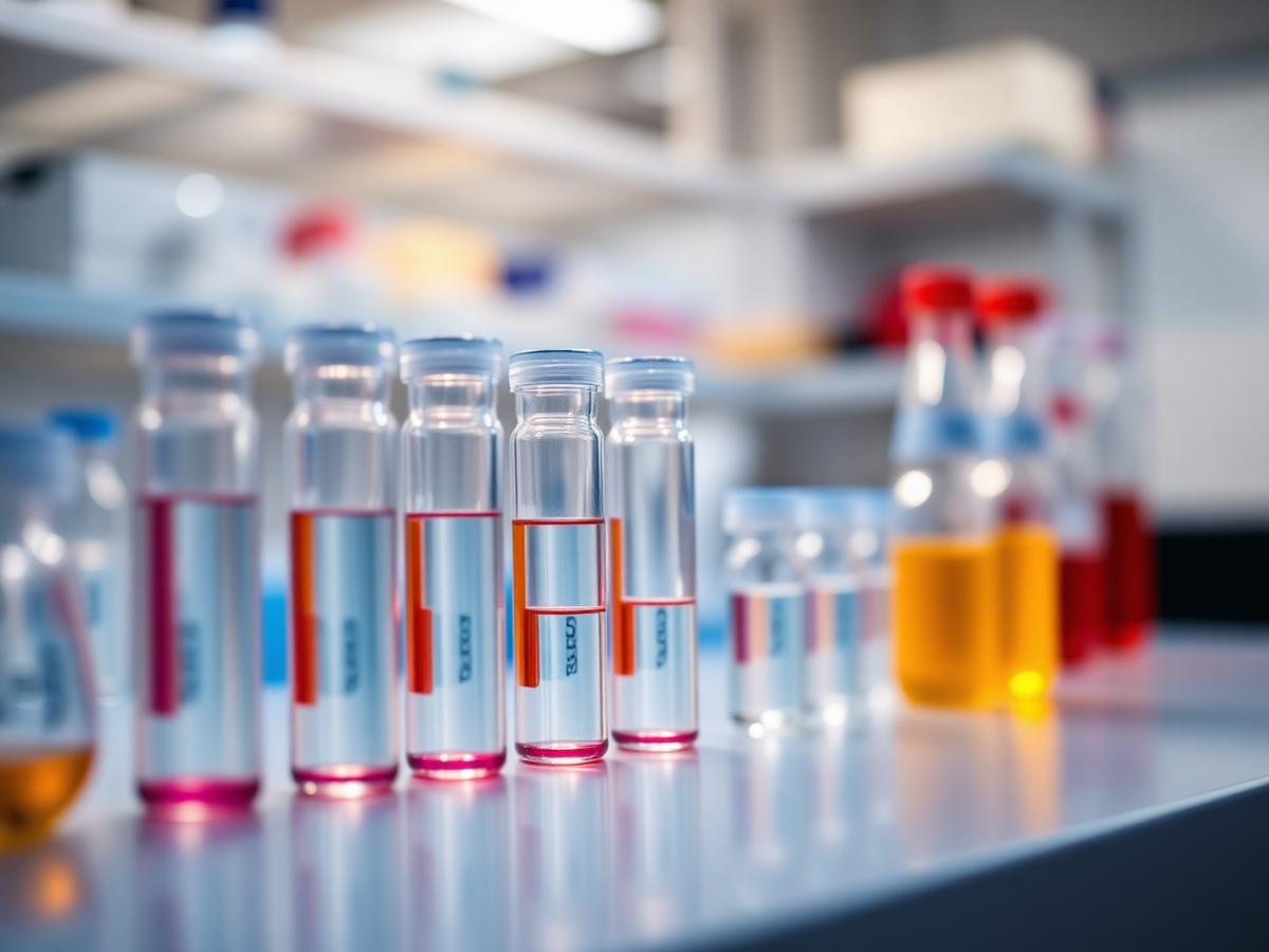 Vials cromatográficos em bancada de laboratório
